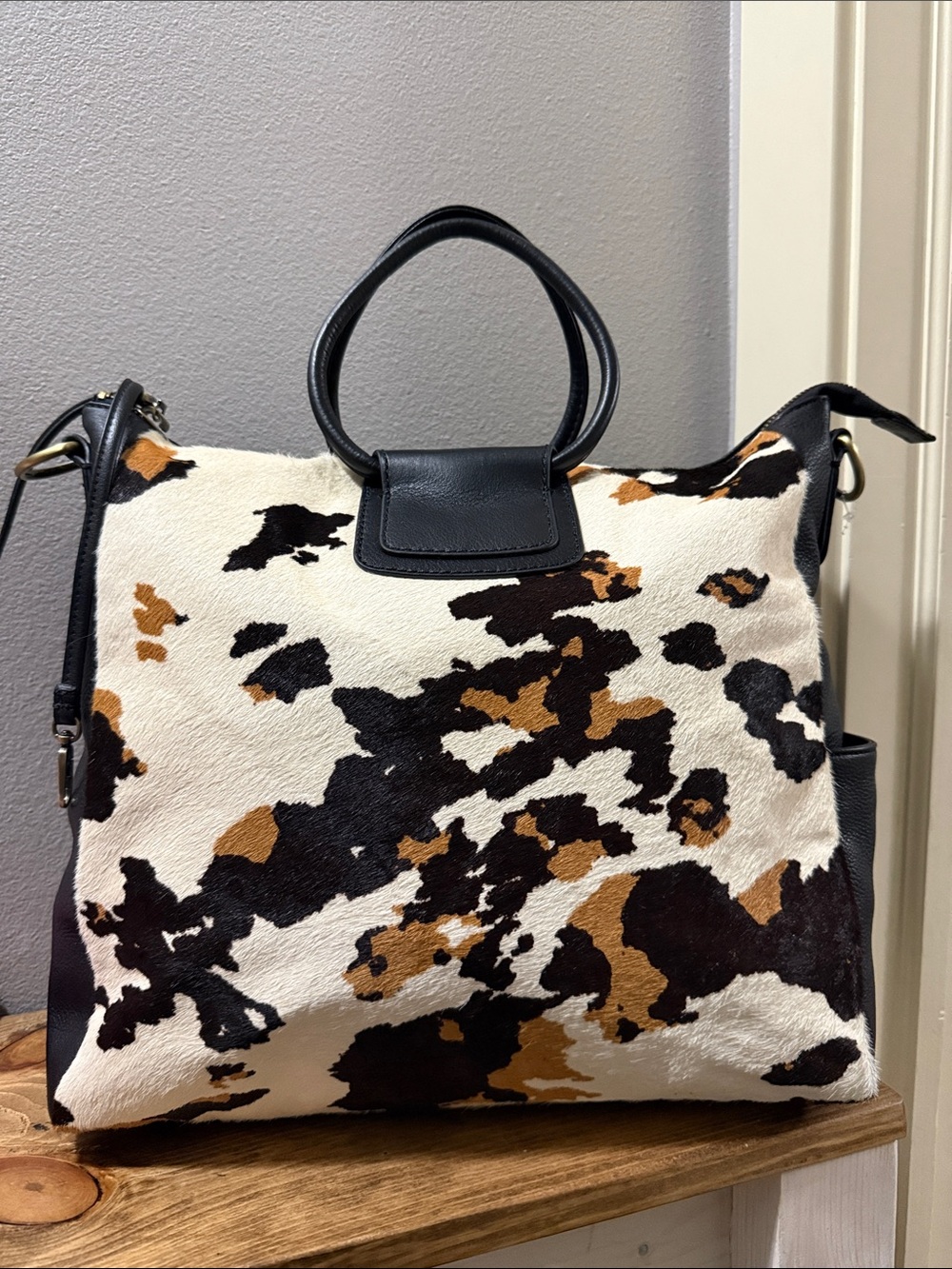 HOBO Sheila Large Satchel In Hair-On Leather; Cow Print Black And Brown - Picture 8 of 11